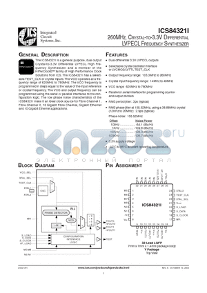 ICS84321I datasheet - 260MHZ, CRYSTAL-TO-3.3V DIFFERENTIAL LVPECL FREQUENCY SYNTHESIZER