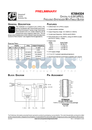 ICS84324 datasheet - CRYSTAL-TO-3.3V LVPECL FREQUENCY SYNTHESIZER WITH FANOUT BUFFER