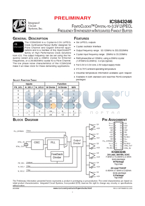 ICS843246AGT datasheet - FEMTOCLOCKS CRYSTAL-TO-3.3V LVPECL FREQUENCY SYNTHESIZER W/INTEGRATED FANOUT BUFFER