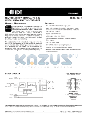 ICS843242AGT datasheet - FEMTOCLOCKS CRYSTAL-TO-3.3V LVPECL FREQUENCY SYNTHESIZER