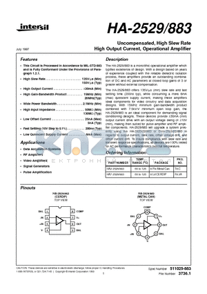 HA2-2529/883 datasheet - Uncompensated, High Slew Rate High Output Current, Operational Amplifier