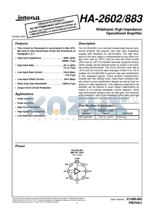 HA2-2602/883 datasheet - Wideband, High Impedance Operational Amplifier