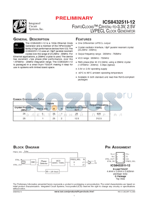 ICS843251BGI-12FT datasheet - FEMTOCLOCKS CRYSTAL-TO-3.3V, 2.5V LVPECL CLOCK GENERATOR