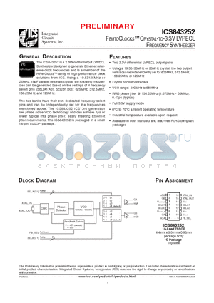 ICS843252AGLF datasheet - FEMTOCLOCKS CRYSTAL-TO-3.3V LVPECL FREQUENCY SYNTHESIZER