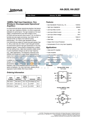 HA2-2620-2 datasheet - 100MHz, High Input Impedance, Very Wideband, Uncompensated Operational Amplifiers