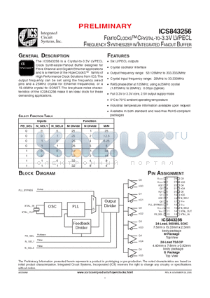 ICS843256AGLFT datasheet - FEMTOCLOCKS CRYSTAL-TO-3.3V LVPECL FREQUENCY SYNTHESIZER W/INTEGRATED FANOUT BUFFER