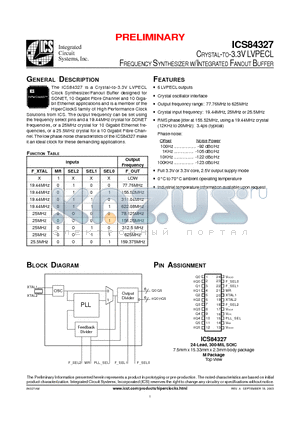 ICS84327 datasheet - CRYSTAL-TO-3.3V LVPECL FREQUENCY SYNTHESIZER W/INTEGRATED FANOUT BUFFER