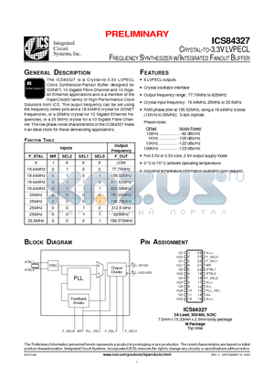 ICS84327AMT datasheet - CRYSTAL-TO-3.3V LVPECL FREQUENCY SYNTHESIZER W/INTEGRATED FANOUT BUFFER