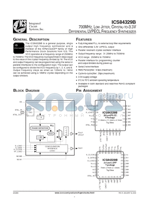 ICS84329BVLF datasheet - 700MHZ, LOW JITTER, CRYSTAL-TO-3.3V DIFFERENTIAL LVPECL FREQUENCY SYNTHESIZER