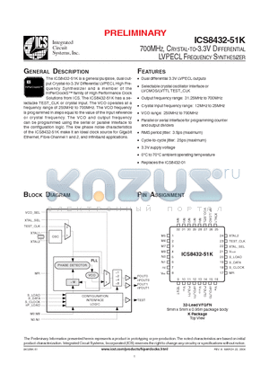 ICS8432BK-51 datasheet - 700MHZ, CRYSTAL-TO-3.3V DIFFERENTIAL LVPECL FREQUENCY SYNTHESIZER