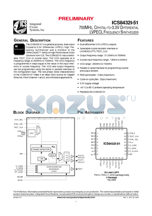 ICS8432BYI-51T datasheet - 700MHZ, CRYSTAL-TO-3.3V DIFFERENTIAL LVPECL FREQUENCY SYNTHESIZER
