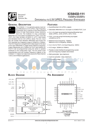 ICS8432CY-111T datasheet - 700MHZ/350MHZ DIFFERENTIAL-TO-3.3V LVPECL FREQUENCY SYNTHESIZER