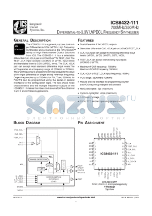 ICS8432CY111 datasheet - 700MHZ/350MHZ DIFFERENTIAL-TO-3.3V LVPECL FREQUENCY SYNTHESIZER