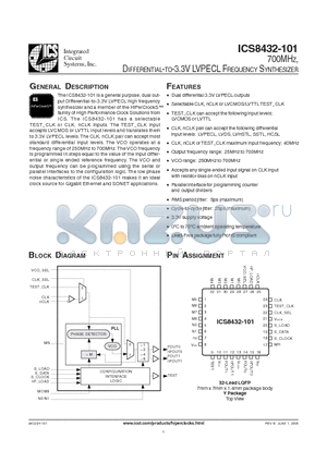 ICS8432DY-101T datasheet - 700MHZ, DIFFERENTIAL-TO-3.3V LVPECL FREQUENCY SYNTHESIZER