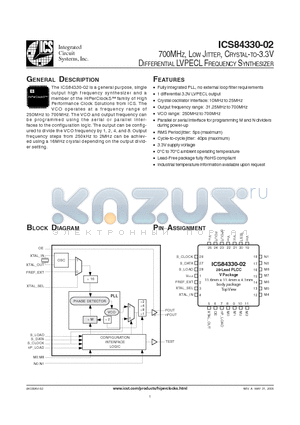 ICS84330-02 datasheet - 700MHZ, LOW JITTER, CRYSTAL-TO-3.3V DIFFERENTIAL LVPECL FREQUENCY SYNTHESIZER