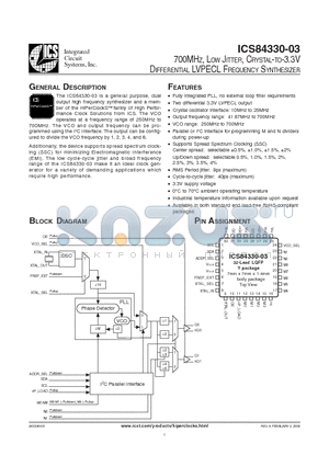 ICS84330-03 datasheet - 700MHZ, LOW JITTER, CRYSTAL-TO-3.3V DIFFERENTIAL LVPECL FREQUENCY SYNTHESIZER