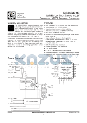 ICS84330AY-03LF datasheet - 700MHZ, LOW JITTER, CRYSTAL-TO-3.3V DIFFERENTIAL LVPECL FREQUENCY SYNTHESIZER