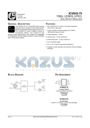 ICS843AG-75T datasheet - 75MHZ, LVCMOS, LVPECL DUAL OUTPUT OSCILLATOR