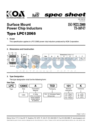 LPC12065 datasheet - Surface Mount Power Chip Inductors
