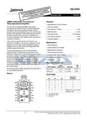 HA3-2444-5 datasheet - 50MHz, Selectable, Four Channel Video Operational Amplifier