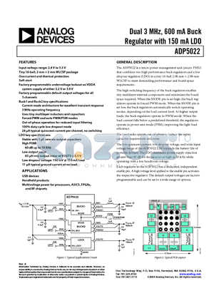 ADP5022 datasheet - Dual 3 MHz, 600 mA Buck Regulator with 150 mA LDO