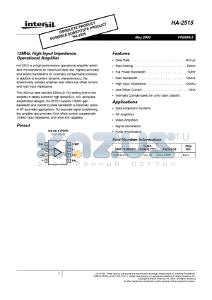 HA3-2515-5 datasheet - 12MHz, High Input Impedance, Operational Amplifier