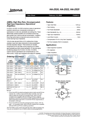 HA3-2525-5Z datasheet - 20MHz, High Slew Rate, Uncompensated, High Input Impedance, Operational Amplifiers