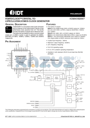 ICS843S2807 datasheet - FEMTOCLOCK CRYSTAL-TOLVPECL/LVDS/LVCMOS CLOCK GENERATOR