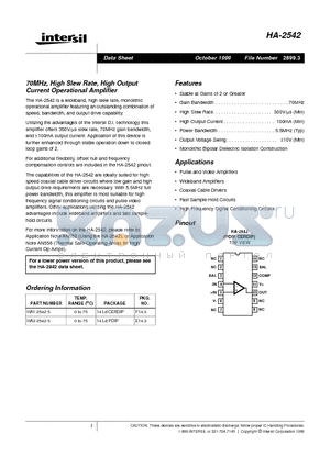 HA3-2542-5 datasheet - 70MHz, High Slew Rate, High Output Current Operational Amplifier