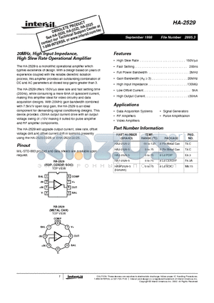 HA3-2529-5 datasheet - 20MHz, High Input Impedance, High Slew Rate Operational Amplifier
