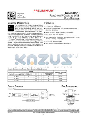 ICS844001I datasheet - FEMTOCLOCKS CRYSTAL-TO- LVDS CLOCK GENERATOR