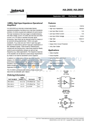 HA3-2605-5 datasheet - 12MHz, High Input Impedance Operational Amplifiers