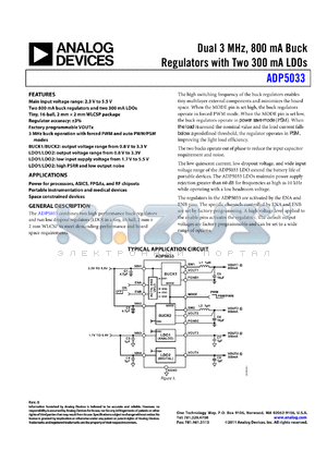 ADP5033ACBZ-1-R7 datasheet - Dual 3 MHz, 800 mA Buck Regulators with Two 300 mA LDOs