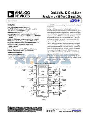 ADP5034ACPZ-R7 datasheet - Dual 3 MHz, 1200 mA Buck Regulators with Two 300 mA LDOs