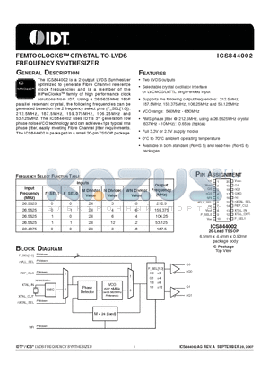 ICS844002AGLF datasheet - FEMTOCLOCKS CRYSTAL-TO-LVDS FREQUENCY SYNTHESIZER