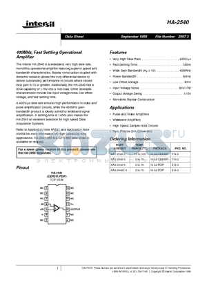 HA3-2540C-5 datasheet - 400MHz, Fast Settling Operational Amplifier