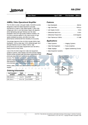 HA3-2544C-5 datasheet - 50MHz, Video Operational Amplifier