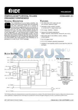 ICS844001AG-21LF datasheet - FEMTOCLOCKS CRYSTAL-TO-LVDS FREQUENCY SYNTHESIZER