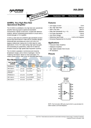 HA3-2840-9 datasheet - 600MHz, Very High Slew Rate Operational Amplifier