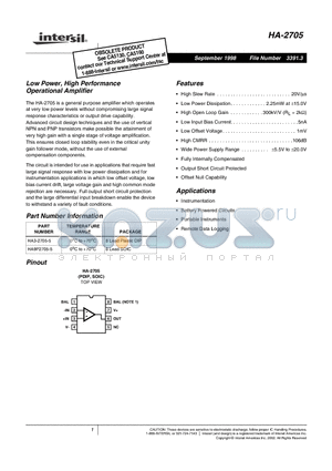 HA3-2705-5 datasheet - Low Power, High Performance Operational Amplifier