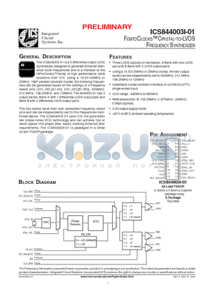 ICS844003AGI-01T datasheet - FEMTOCLOCKS CRYSTAL-TO-LVDS FREQUENCY SYNTHESIZER