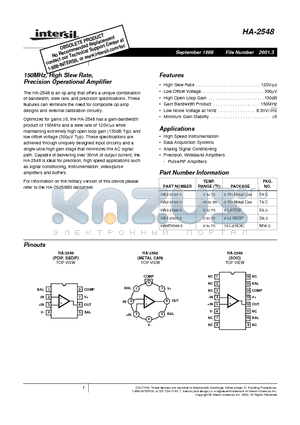 HA3-2548-5 datasheet - 150MHz, High Slew Rate, Precision Operational Amplifier