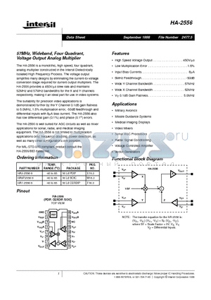 HA3-2556-9 datasheet - 57MHz, Wideband, Four Quadrant, Voltage Output Analog Multiplier