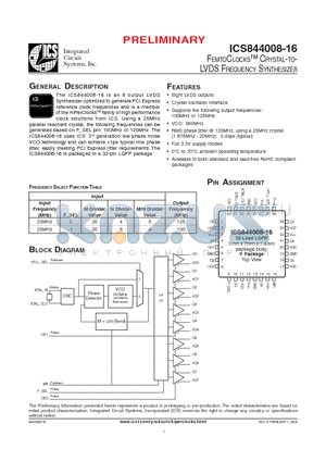 ICS844008AY-16LF datasheet - FEMTOCLOCKS CRYSTAL-TO-LVDS FREQUENCY SYNTHESIZER