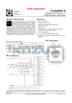 ICS844008AY-16LFT datasheet - FEMTOCLOCKS CRYSTAL-TO-LVDS FREQUENCY SYNTHESIZER