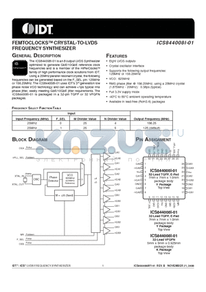 ICS844008I datasheet - FEMTOCLOCKS CRYSTAL-TO-LVDS FREQUENCY SYNTHESIZER