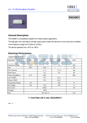 HA3001 datasheet - 2.0 - 4.0 GHz Broadband Amplifier