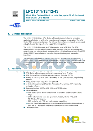 LPC1342 datasheet - 32-bit ARM Cortex-M3 microcontroller; up to 32 kB flash and 8 kB SRAM; USB device