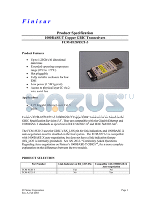 FCM-8521-3 datasheet - 1000BASE-T Copper GBIC Transceivers