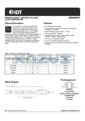 ICS844071AG datasheet - FEMTOCLOCKS CRYSTAL-TO-LVDS CLOCK GENERATOR